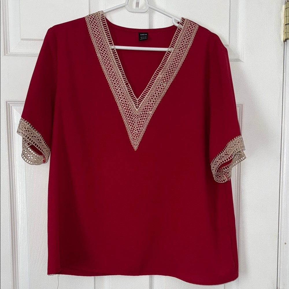 Red V-Neck Top with Crochet Trim